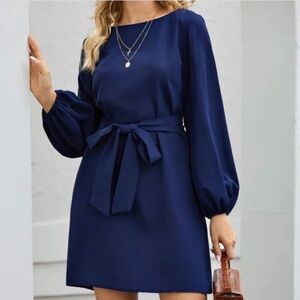 Dark navy blue long sleeve minimalist  work office mini dress